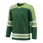 A hockey jersey with a deep forest green body, light lime green shoulders, and white stripes on the sleeves and lower body.