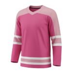 A hockey jersey featuring a vibrant hot pink body, light pink shoulders, and white stripes on the sleeves and lower body.