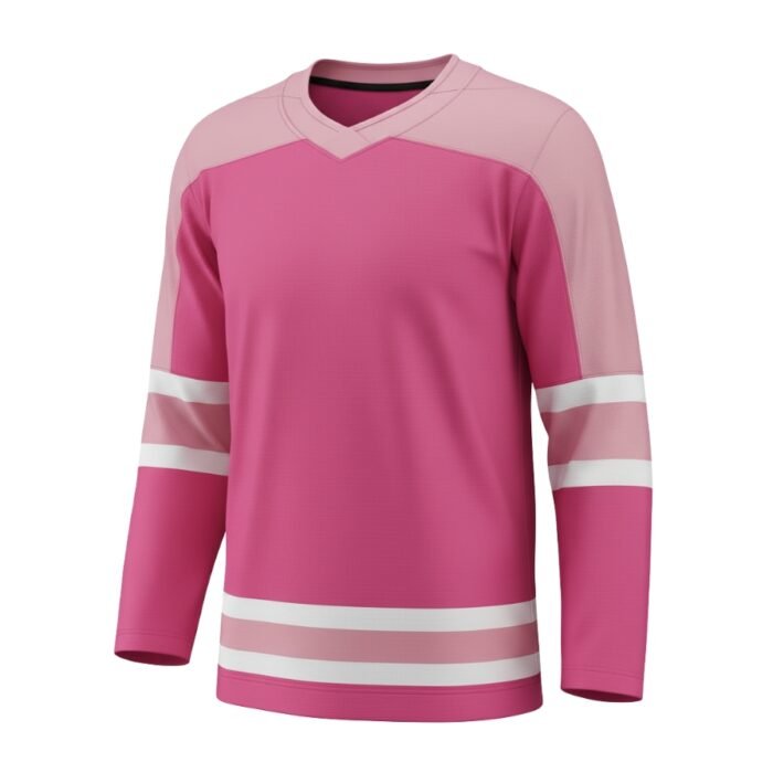 A hockey jersey featuring a vibrant hot pink body, light pink shoulders, and white stripes on the sleeves and lower body.