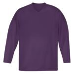 Front view of a solid purple ice hockey team jersey with a simple V-neck design