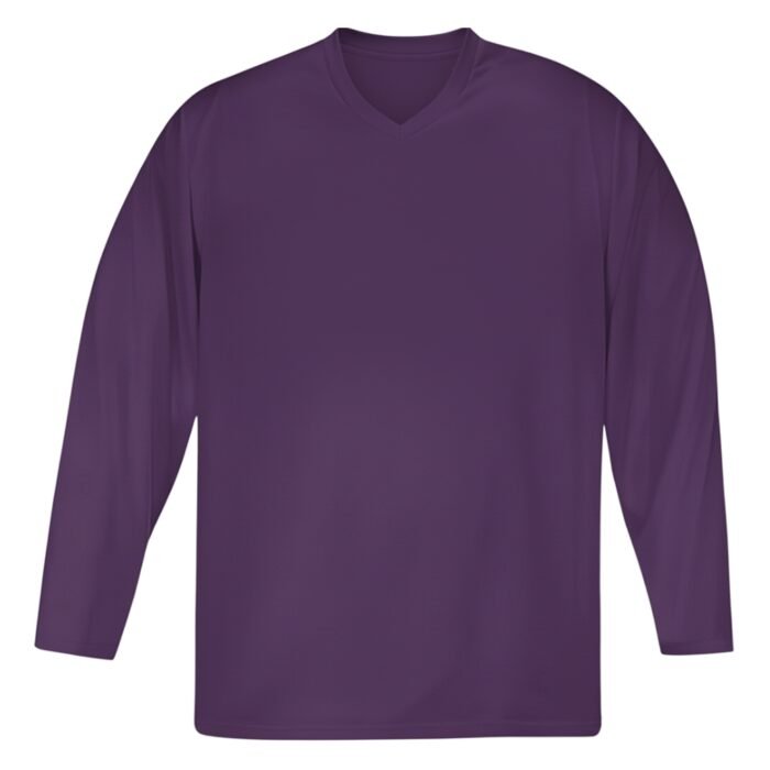 Front view of a solid purple ice hockey team jersey with a simple V-neck design