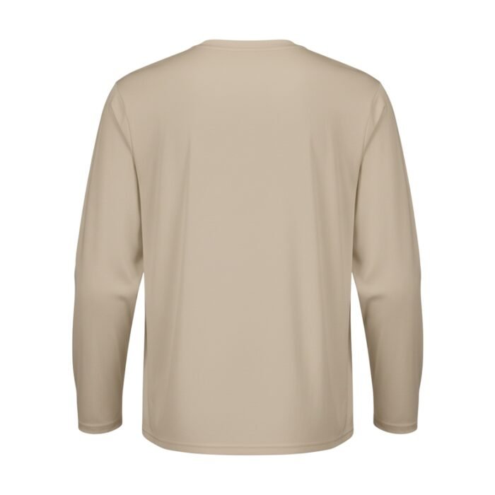 Back view of a beige long-sleeve shirt made of lightweight fabric.