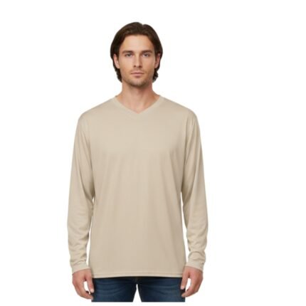 A person wearing a beige long-sleeve V-neck jersey paired with blue jeans, standing against a white background.