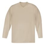 A plain long-sleeve V-neck beige jersey displayed on a white background