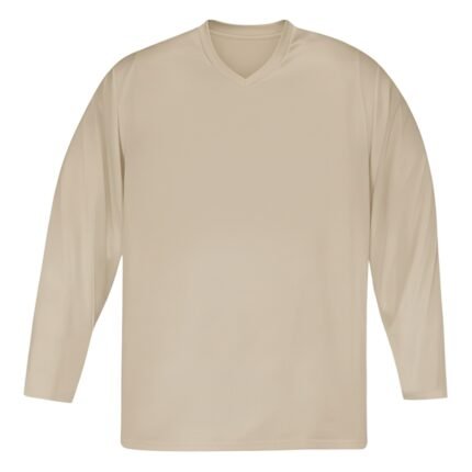 A plain long-sleeve V-neck beige jersey displayed on a white background