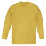 Front view of a solid yellow ice hockey team jersey with a simple V-neck design