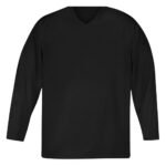Front view of a solid black ice hockey team jersey with a simple V-neck design.