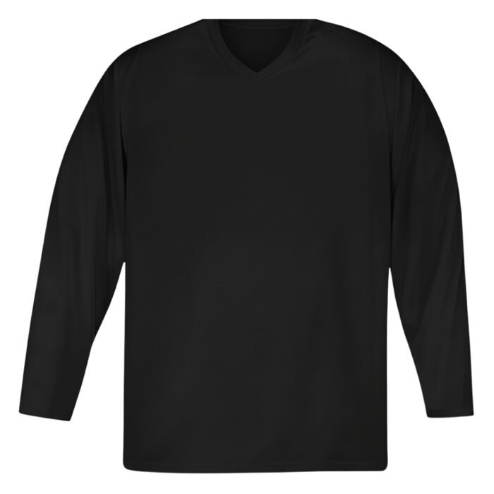 Front view of a solid black ice hockey team jersey with a simple V-neck design.