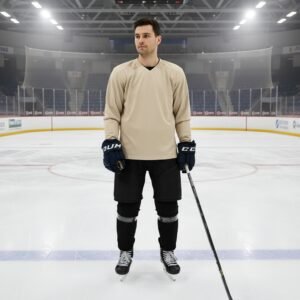 A hockey player dressed in a beige jersey with black pants, gloves, and skates, holding a hockey stick on an ice rink. The background shows an empty stadium with visible seating rows and lighting.