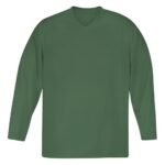 Front view of a solid green ice hockey team jersey with a simple V-neck design.