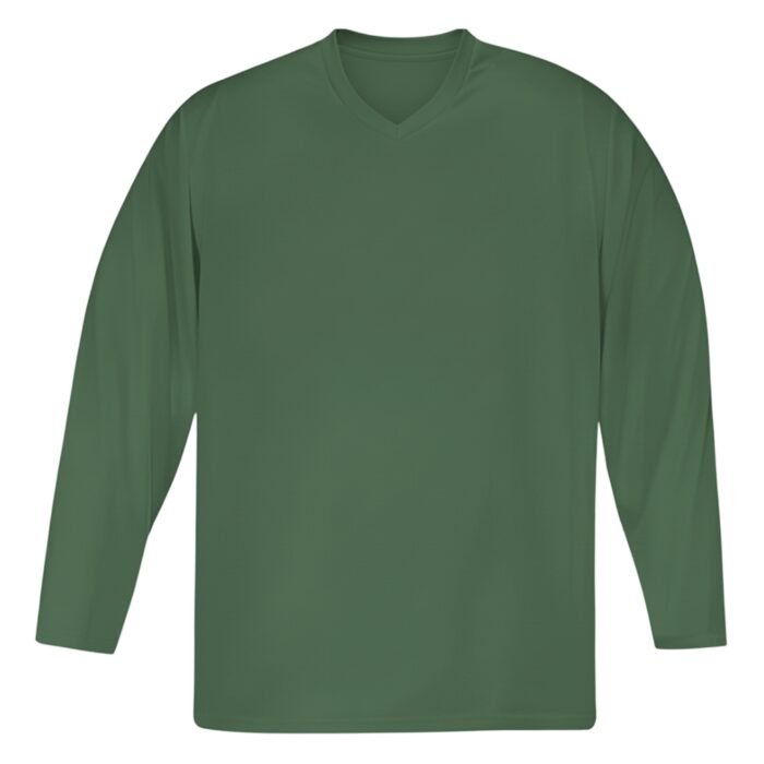 Front view of a solid green ice hockey team jersey with a simple V-neck design.