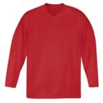 Front view of a solid red ice hockey team jersey with a simple V-neck design.
