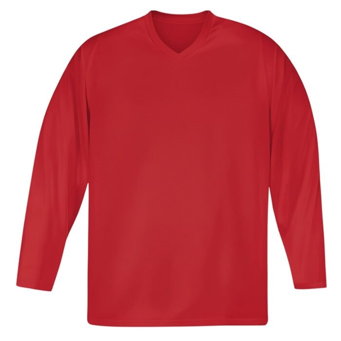Front view of a solid red ice hockey team jersey with a simple V-neck design.