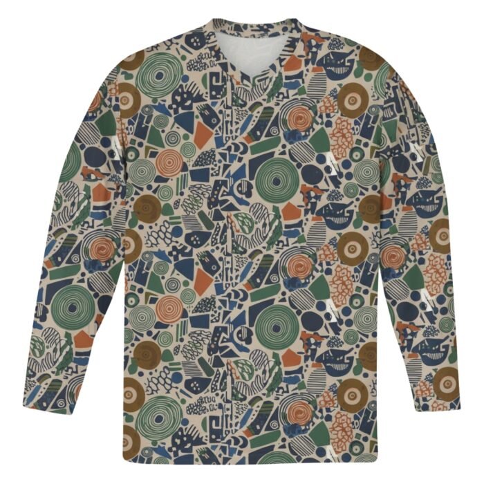 Front view of a patterned ice hockey team jersey with an abstract design featuring circular and geometric shapes in various vibrant colors.