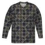 Front view of a patterned ice hockey team jersey with geometric shapes in shades of green, navy, and beige