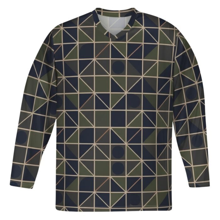 Front view of a patterned ice hockey team jersey with geometric shapes in shades of green, navy, and beige
