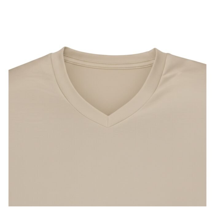 Close-up view of the V-neck collar design on a beige ice hockey team jersey.
