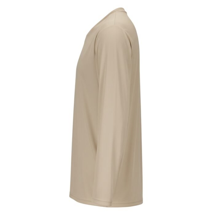 Side view of a beige long-sleeve shirt with a simple and clean design.