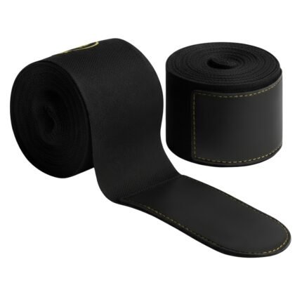 Rolled and unrolled black elastic band with stitched detailing.