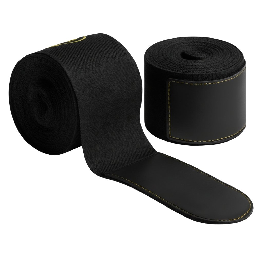 MMA Bands-1 Rolled and unrolled black elastic band with stitched detailing.