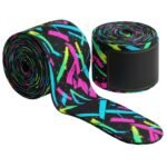 Two wrap bands with a vibrant abstract neon design featuring splashes of pink, blue, yellow, and green, and black padded ends.