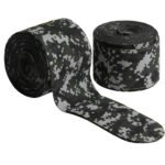 Two wrap bands with a black, gray, and green camouflage pattern, featuring padded black ends.
