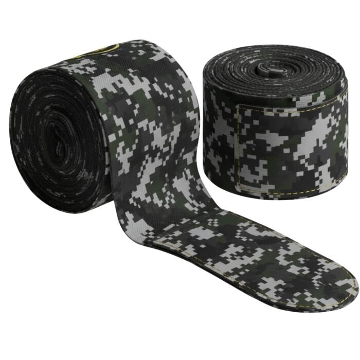 Two wrap bands with a black, gray, and green camouflage pattern, featuring padded black ends.