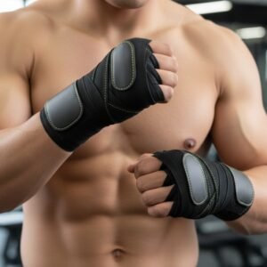 Close-up of a person wearing black hand wraps with padded sections during workout.