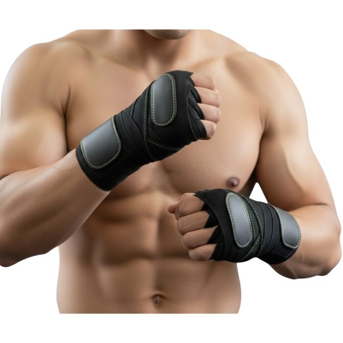 A muscular man wearing black wrist support bands with padding.