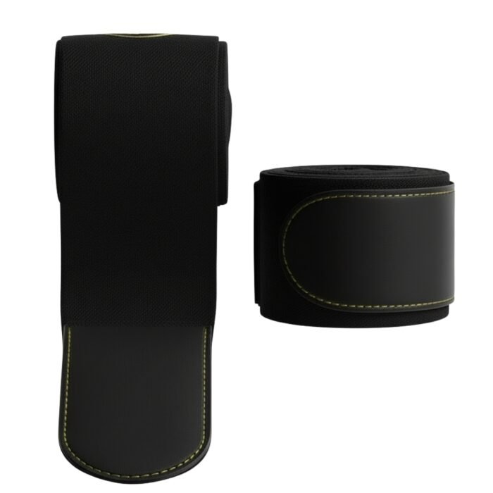Two black fitness wrap bands with yellow stitching, one rolled and one unrolled.