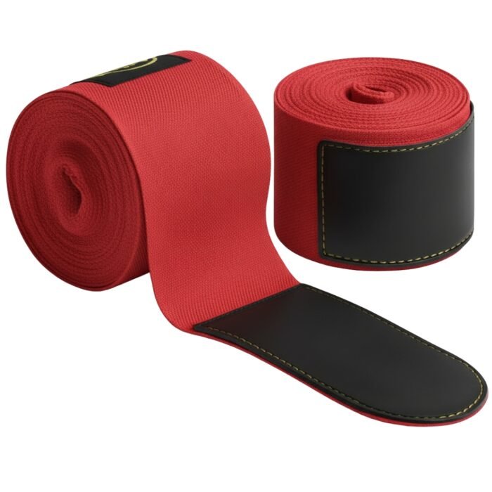 Two red wrap bands with black padded ends and yellow stitching.