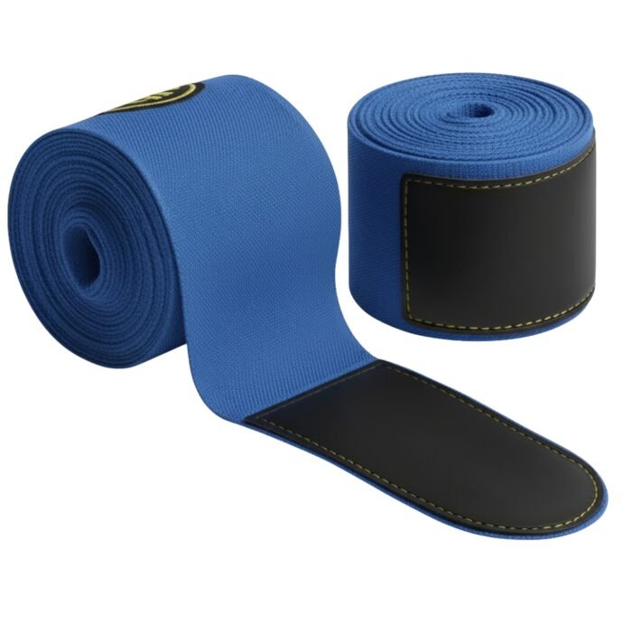 Two blue wrap bands with black padded ends and yellow stitching.