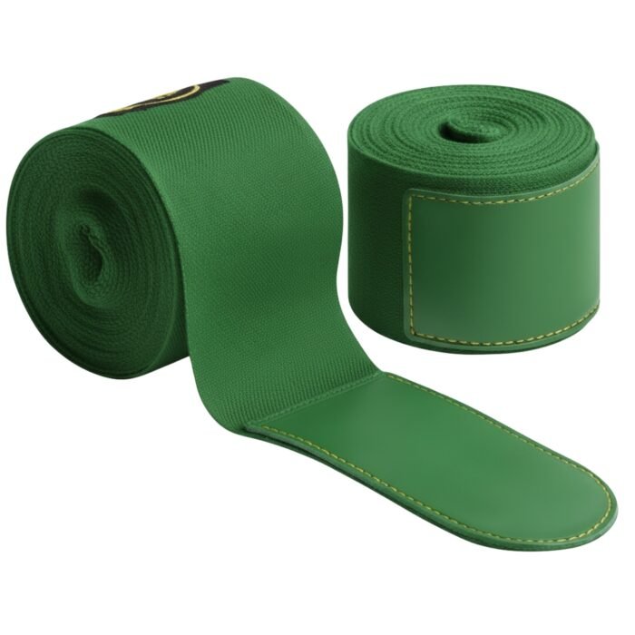Two green wrap bands, one rolled neatly, and the other partially unrolled, showing stitched edges