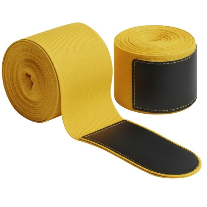 Two yellow wrap bands, one rolled tightly and the other partially unrolled, with black padded ends.