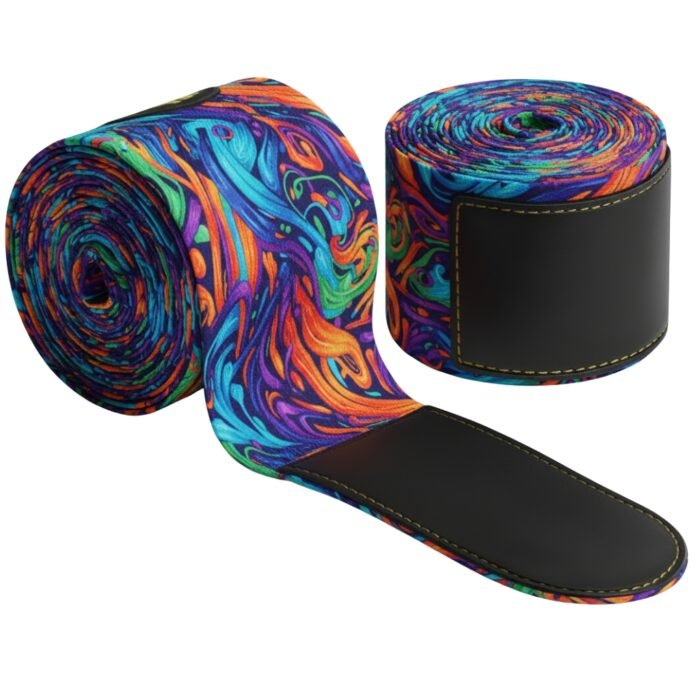 Two colorful wrap bands with a vibrant swirling pattern, black padded ends, and reinforced stitching.