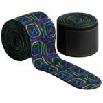 Two patterned wrap bands with colorful geometric designs in blue, green, and purple tones, featuring black padded ends.
