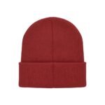 “Red ribbed knit beanie with folded cuff”