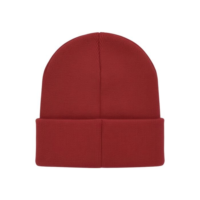 “Red ribbed knit beanie with folded cuff”