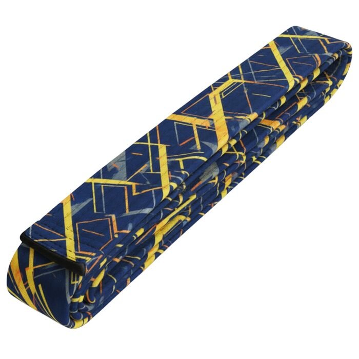 A neatly folded martial arts belt with a geometric yellow and blue pattern.