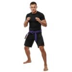 A person in a martial arts stance wearing a black outfit and a purple belt.