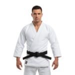 A person dressed in a traditional white martial arts gi with a black belt tied around the waist, standing confidently against a plain white background