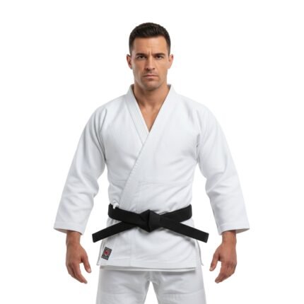 A person dressed in a traditional white martial arts gi with a black belt tied around the waist, standing confidently against a plain white background