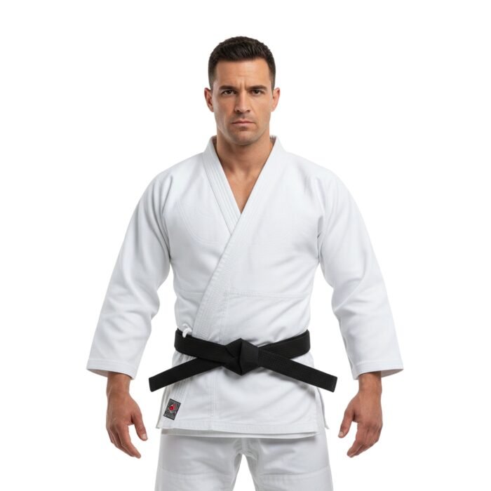 A person dressed in a traditional white martial arts gi with a black belt tied around the waist, standing confidently against a plain white background