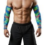 Colorful patterned MMA padded arm sleeves with snug fit and elbow protection.