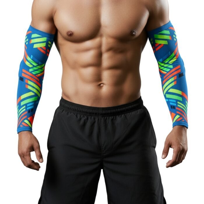 Colorful patterned MMA padded arm sleeves with snug fit and elbow protection.