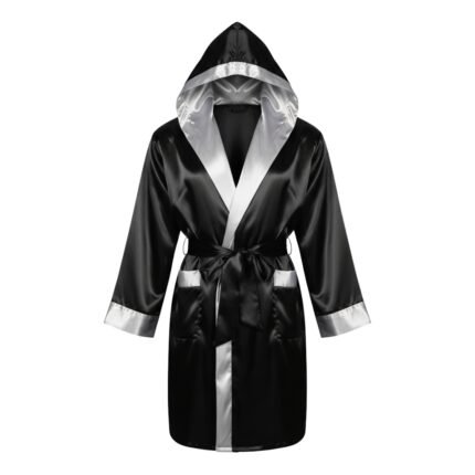 A black satin robe with silver trim, featuring a hood, long sleeves, and a matching tie belt.