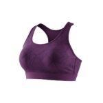 A purple sports bra with dark geometric patterns and a racerback design.