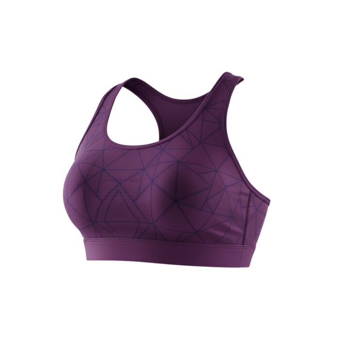 A purple sports bra with dark geometric patterns and a racerback design.