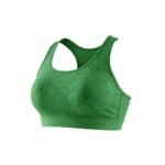 A green sports bra with geometric patterns and a racerback design