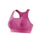 A pink sports bra with geometric patterns and a racerback design.